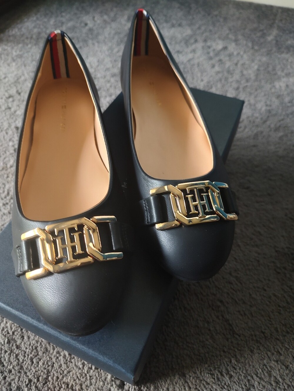 New Tommy Hilfiger Black Flats with Gold TH Hardware